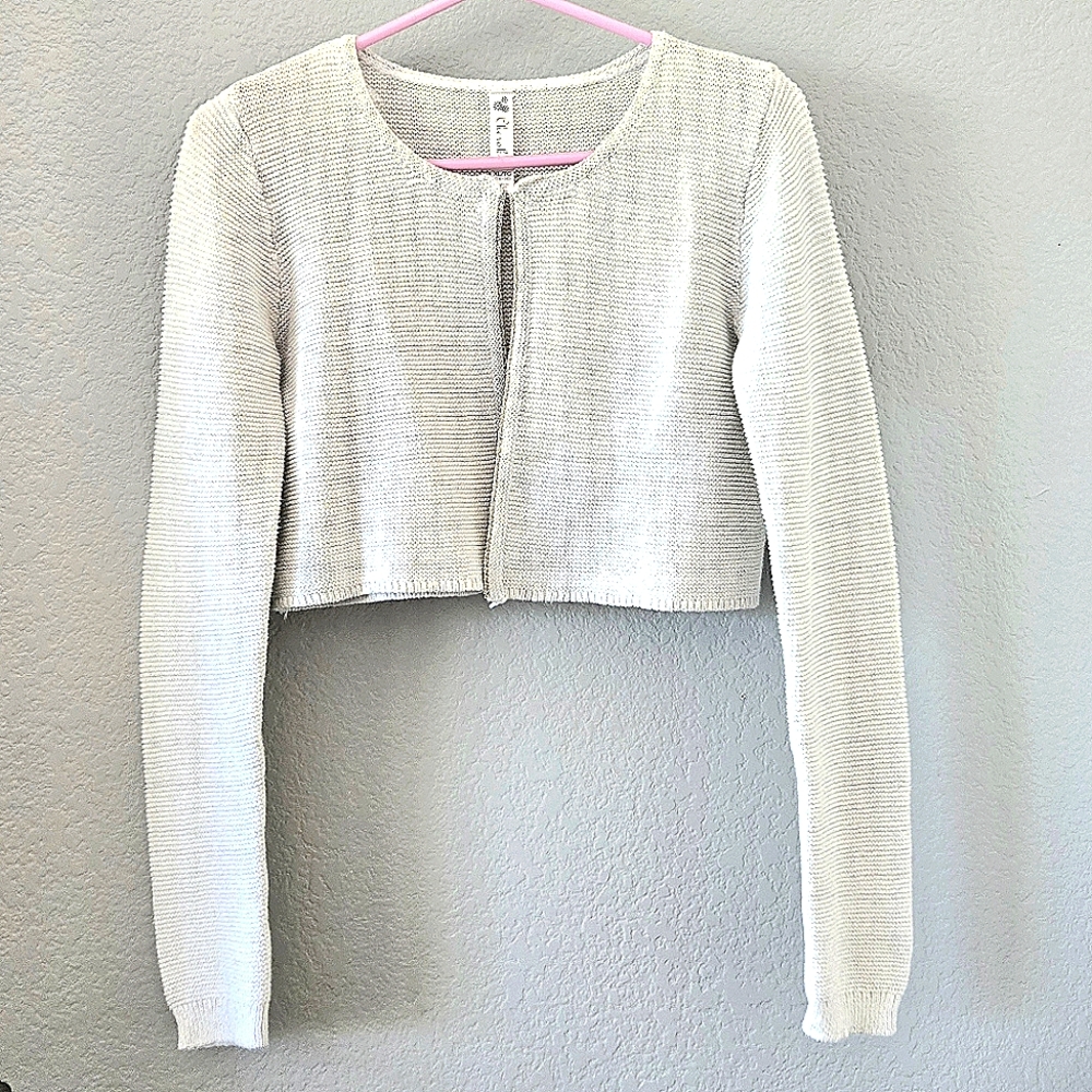 Cropped White Cardigan Sweater Gold Lame' Sparkle Accents Cittagecore Fairy